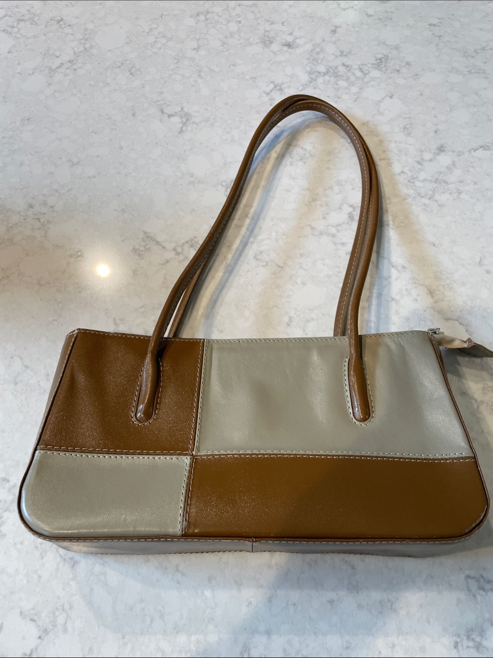 Two-Tone Patchwork Shoulder Bag in Brown and Light Gray